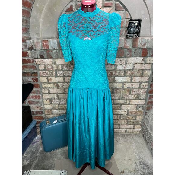 formal 1980s dress prom drop waist teal short sleeves lace - Picture 1 of 11